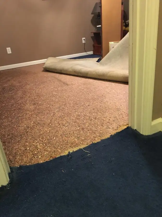 Carpet pad removal revealing water damage during Water Mitigation Services in Whiskey Creek